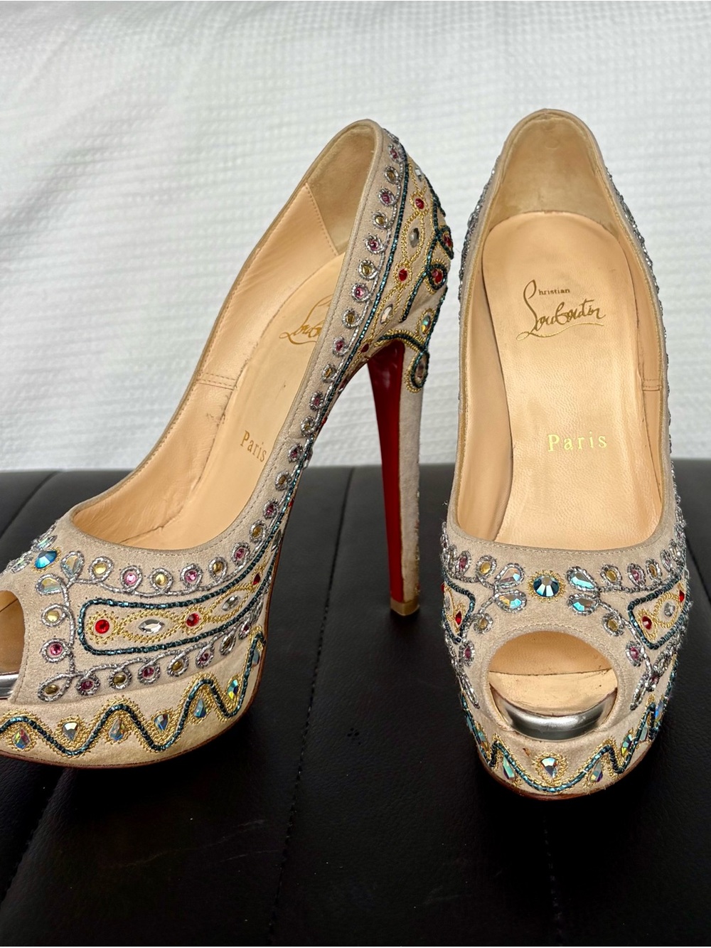 Christian Louboutin Beige Embellished Peep-Toe Platform Pumps